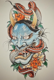传统般若彩色蛇牡丹花纹身图案手稿