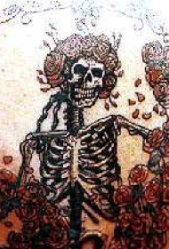 惊人的骨架和玫瑰纹身图案