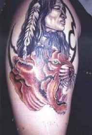 美洲土著女孩和老虎纹身图案