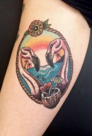 手臂有趣的丰富多彩火烈鸟夫妇纹身图案