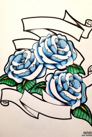 欧美玫瑰飘带纹身图案手稿