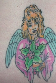 天使女孩和藤蔓植物彩色纹身图案