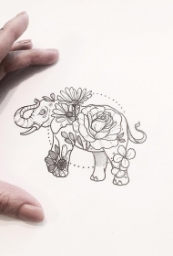 欧美花卉大象点刺纹身图案手稿