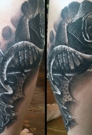 小腿3D黑色玫瑰与DNA符号纹身图案
