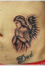 腹部可爱的黑色祈祷天使雕像与字母纹身图案