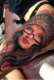美丽的北美土著女孩肖像彩色大腿纹身图案