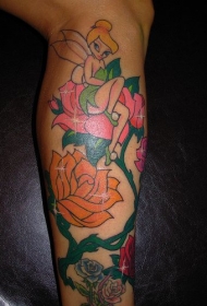 小腿彩色卡通贝尔与玫瑰纹身图案