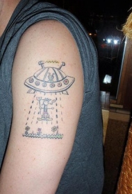 飞碟和外星生物彩色手臂纹身图案