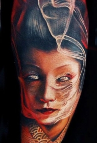 手臂彩色的亚洲女人肖像纹身图案