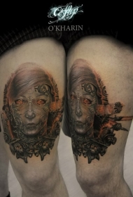 大腿彩色的外星女子肖像纹身图案