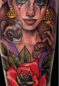 手臂吉普赛女郎和玫瑰动物彩色纹身图案