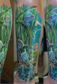 小腿彩色的超现实外星植物纹身图案