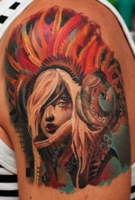 彩色的原住民女孩纹身图案