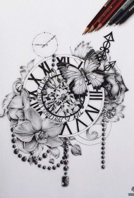 欧美花卉蝴蝶时钟纹身图案手稿