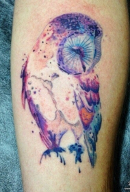 小腿泼墨彩色猫头鹰纹身图案