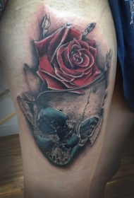 非常好看的骷髅与玫瑰大腿纹身图案