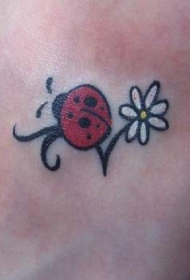 七星瓢虫和白色花朵脚踝纹身图案
