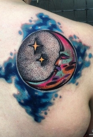 背部星星月亮泼墨点刺纹身图案