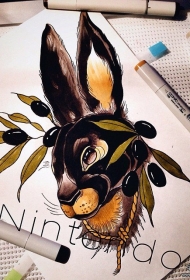 欧美new school个性的兔子纹身图案手稿