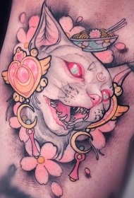 胳膊日式少女彩色猫樱花纹身图案