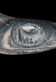 手臂3D风格的人眼睛和城市景观纹身图案