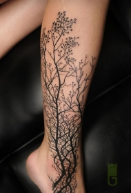 黑色的写实大树枝小腿纹身图案