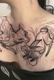 胸部抽象风格黑色的狐狸与小兔子纹身图案