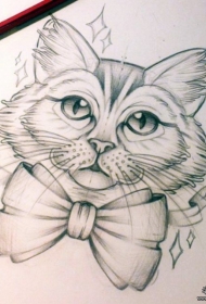 欧美蝴蝶结猫纹身图案手稿