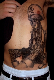 侧肋彩绘3D骷髅海盗个性纹身图案