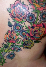 背部好看的七彩花朵与藤蔓纹身图案