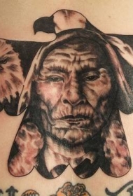 印度酋长肖像与鹰和狼头个性纹身图案