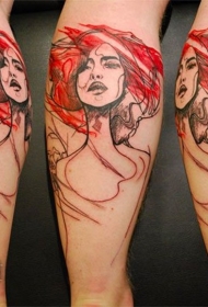 小腿抽象风格的女性肖像纹身图案