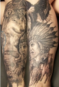 小腿美洲土著为主题的人物肖像和动物纹身图案