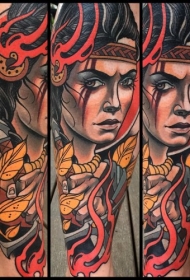 new school彩色印度女性与鲜花手臂纹身图案