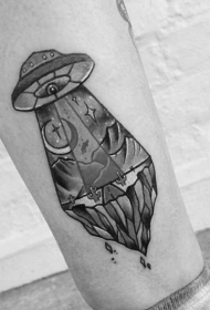 小腿黑白卡通外星人太空船纹身图案