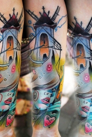 小臂抽象风格的彩色女人和风车纹身图案