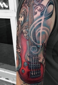 手臂3D彩色的低音吉他纹身图案