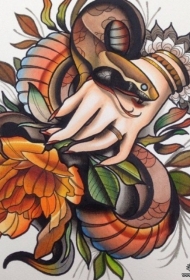 欧美school彩绘蛇手纹身图案手稿