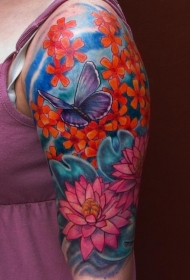 神奇的蝴蝶和不同花朵彩色手臂纹身图案