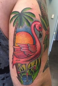漂亮的彩色棕榈树和太阳火烈鸟手臂纹身图案