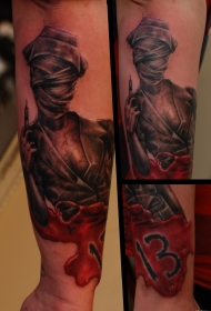 手臂3D风格恐怖护士杀手纹身图案