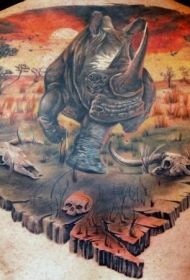 背部惊人的彩色犀牛和风景纹身图案