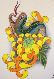 欧美school彩色蛇菊花纹身图案手稿