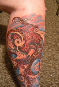 小腿红色的章鱼纹身图案
