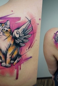 女生背部水彩泼墨猫翅膀纹身图案