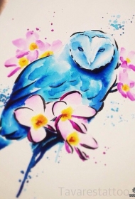 欧美彩色泼墨猫头鹰花朵纹身图案手稿
