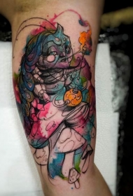 大臂卡通风格彩色卡特彼勒与蘑菇纹身图案