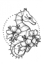 小清新海马花卉点刺纹身图案手稿