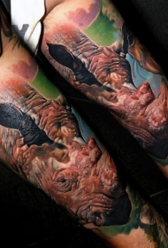 腿部写实逼真的犀牛头像彩色纹身图案