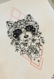 浣熊几何花蕊线条纹身图案手稿
